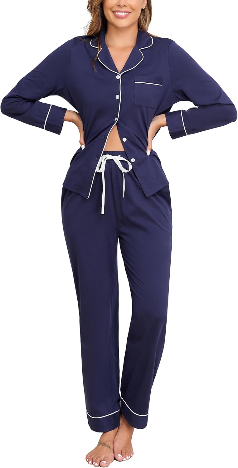 100% Cotton Pajamas for Women Set Long Sleeve Button Down Sleepwear Soft Pjs Lounge Sets with Pockets S-XXL
