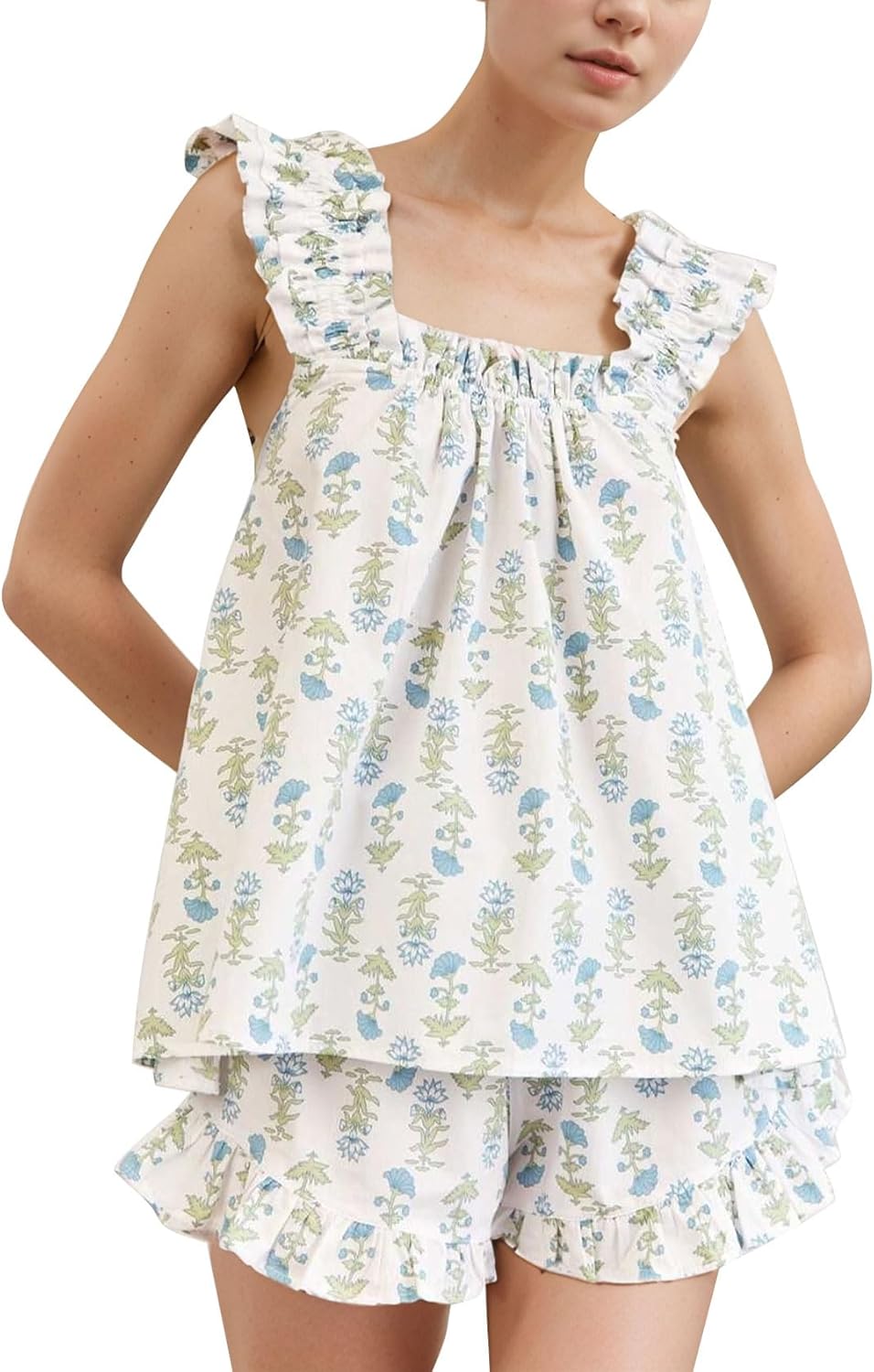 Floral Pajama Sets for Women 2 Piece Lounge Set Ruffle Cami Top and Shorts Pj Set Sleepwear